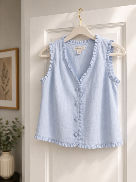 Laura Ashley Tops - Laura Ashley Pale Blue Ruffle-Trim Button Front Sleeveless Top